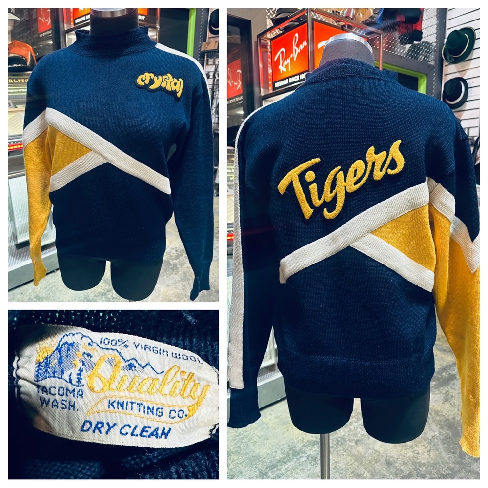 Vintage 60s Varsity Cheer Virgin Wool Sweater “Crystal” TIGERS Navy and Gold